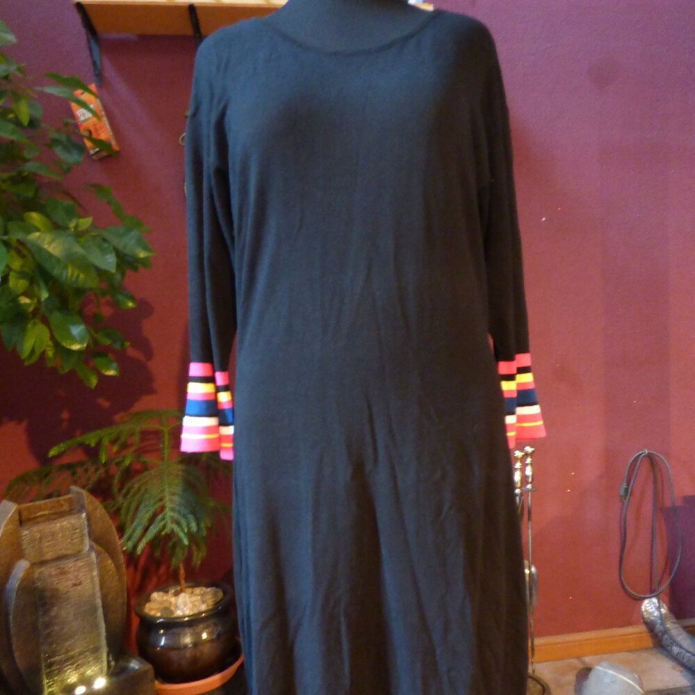 GOTH 80'S RETRO STYLE BLACK DRESS WITH FLARED SLEEVES FAUX ZIP OFFICE BOHO XL 16